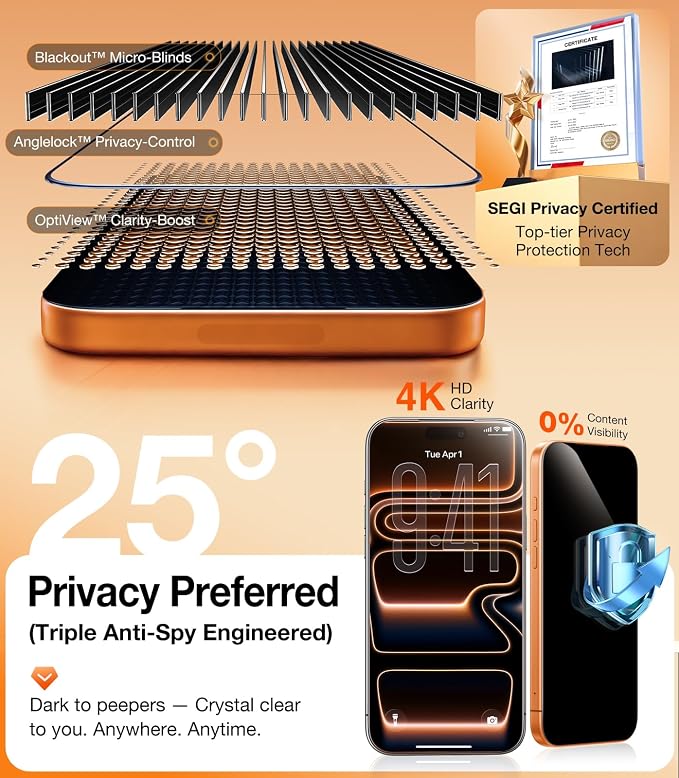 UltraGlass TOP 9H+ Armor for iPhone 17 Pro Privacy Screen Protector [NO.1 Military Grade Shatterproof] Privacy Screen iPhone 17 Pro Tempered Glass [100% Anti-Spy] Longest Durable, 2 Pack 6.3''