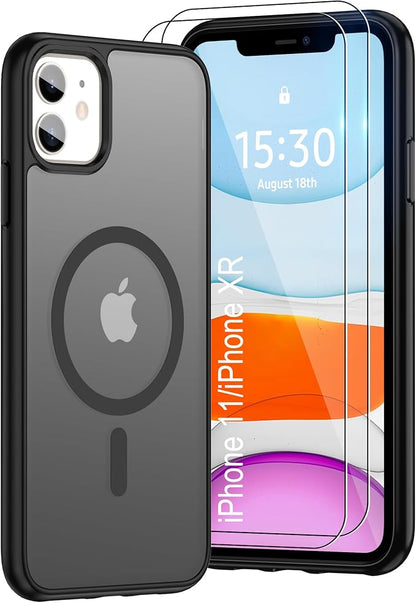 Pilaru for iPhone 11 Case & iPhone XR Case [Compatible with Magsafe] Translucent Matte Magnetic Case with Screen Protector,SlimThin Shockproof Protective Cover for iPhone 11 & iPhone XR-Black