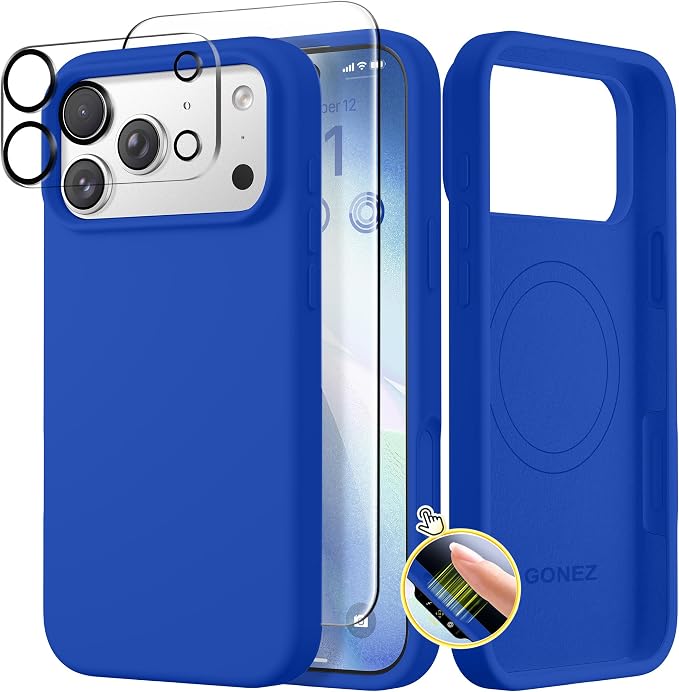 GONEZ Magnetic for iPhone 17 Pro Case, Compatible with MagSafe, [Screen Protector + Camera Lens Protector], Liquid Silicone Anti-Scratch Shockproof Protective Phone Case 6.3 inch, Klein Blue