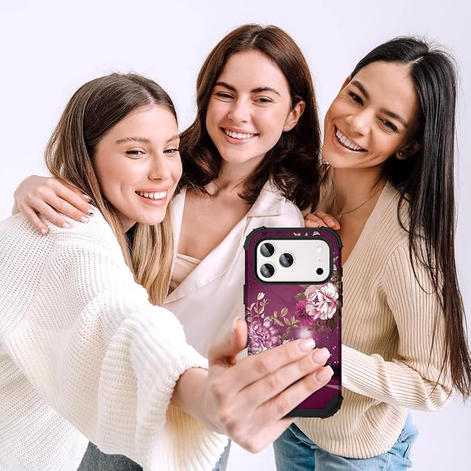 Hocase for iPhone 17 Pro Max Case, Heavy Duty Shockproof Protection Soft Silicone Rubber+Hard Plastic Bumpers Hybrid Protective Case for iPhone 17 Pro Max 2025 - Royal Purple Flowers
