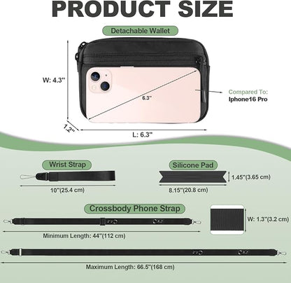 YFWE Clip and Go Strap for Phone with Wallet Crossbody, Adjustable Phone Lanyard with Detachable RFID Wristlet Wallet, Universal Phone Strap with 360° Rotatable Phone Tabs for All Phones (Black)