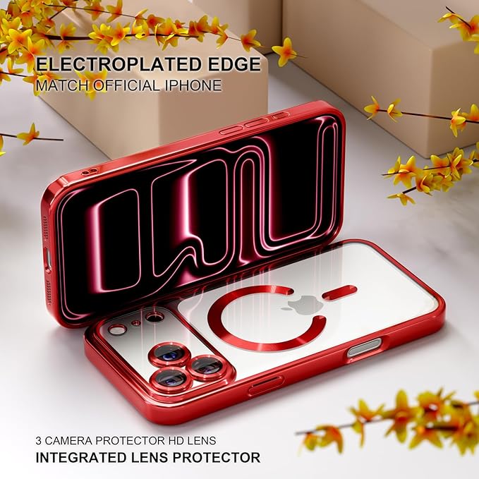 Misea Magnetic for iPhone 17 Pro Case Compatible with MagSafe [Never Yellowing] [Military Grade Drop Protection] Full Camera Lens Protector Plating Soft Clear Phone Case for Women, Red