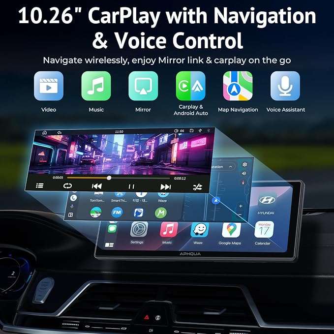 10.26 Inch Wireless Apple CarPlay & Android Auto Screen with Backup Camera,Portable Touch Display with Bluetooth FM AUX USB,Voice Control Multimedia Stereo for 99% Car Truck SUV