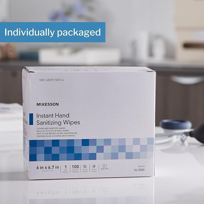 McKesson Hand Sanitizing Wipes [100 Count] Alcohol Wipes with Aloe and Vitamin E, Travel, Individually Wrapped
