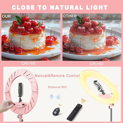 Ring Light 18" with Stand, 55w 6700K LED Light,63" Tripod,Multi-Angle Adjustable Phone Stand, for iPhone and Android Phones, CRI95, Suitable for YouTube, TikTok, Selfies (Pink, 18")