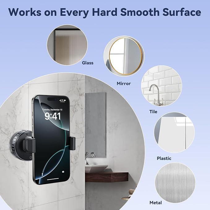 Vacuum Suction Cup Phone Mount, Hands-Free Shower Cell Phone Holder, 720° Adjustable Phone Suction Grip Stand for Car Dashboard/Gym/Mirror, Compatible with All 4-7 Inches Smartphone (T26-C)