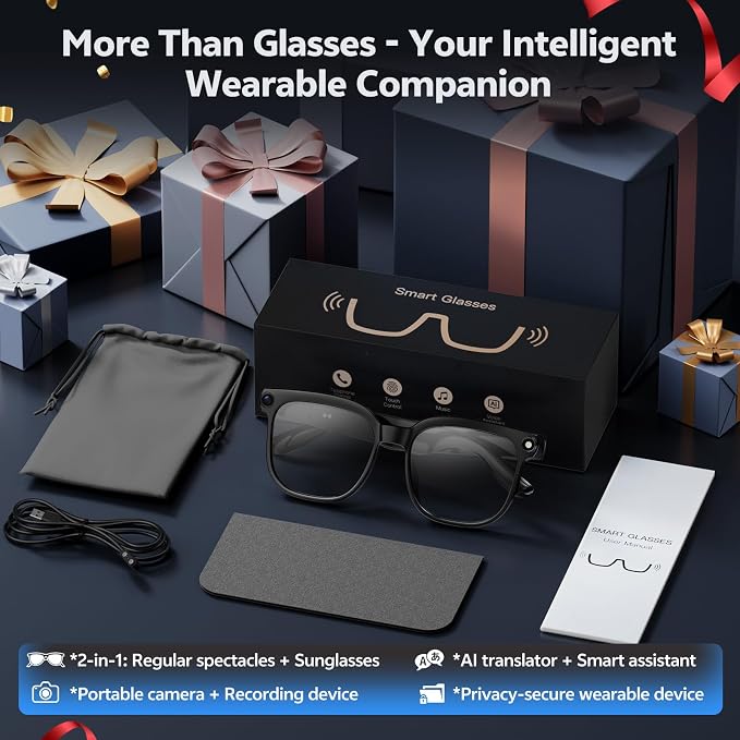 AI Smart Glasses with Camera and Audio, 8MP HD Camera Glasses for Men Women with Voice Assistant, 1080P Recording Sunglasses with Real-Time Translation, Open-Ear Audio for Vlogging, Travel, Business