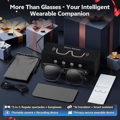 AI Smart Glasses with Camera and Audio, 8MP HD Camera Glasses for Men Women with Voice Assistant, 1080P Recording Sunglasses with Real-Time Translation, Open-Ear Audio for Vlogging, Travel, Business