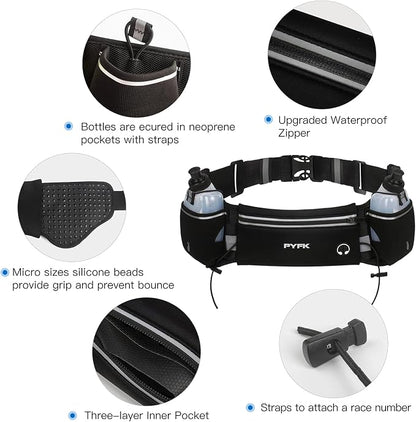 PYFK Running Belt with Water Bottles, Hydration Belt for Men and Women, Water Bottle Holder Running Pouch Water Belt, Fanny Pack Fits 7 inches Phones, Waist pack for Runner Jogging