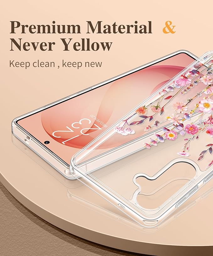 GVIEWIN for Samsung Galaxy S26 Case, Clear Floral Slim Shockproof Protective Women Phone Case, Non-Yellowing, with Screen Protector & Camera Lens Protector for Galaxy S26 6.3", Floratopia/Orange