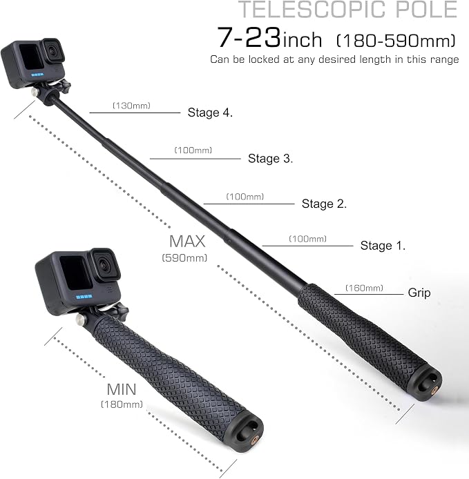 GEPULY Short Selfie Stick Pole Waterproof Hand Grip Adjustable Underwater Monopod for GoPro Hero 13 12 11 10 9 8 7 6 5 AKASO DJI OSMO 6 5 Pro Action Camera Black
