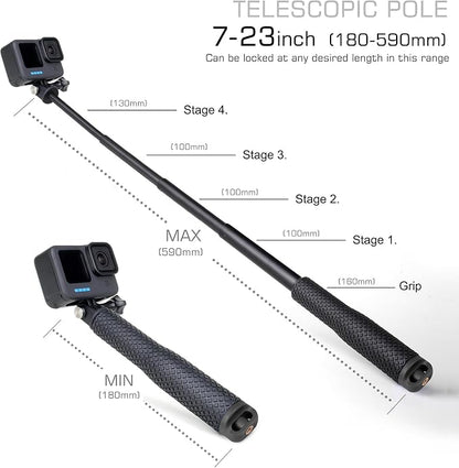 GEPULY Short Selfie Stick Pole Waterproof Hand Grip Adjustable Underwater Monopod for GoPro Hero 13 12 11 10 9 8 7 6 5 AKASO DJI OSMO 6 5 Pro Action Camera Black