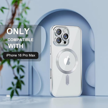Misea Magnetic for iPhone 16 Pro Max Case Compatible with MagSafe [Never Yellowing] [Military Grade Drop Protection] Full Camera Lens Protector Plating Soft Clear Phone Case for Women 6.9", Silver