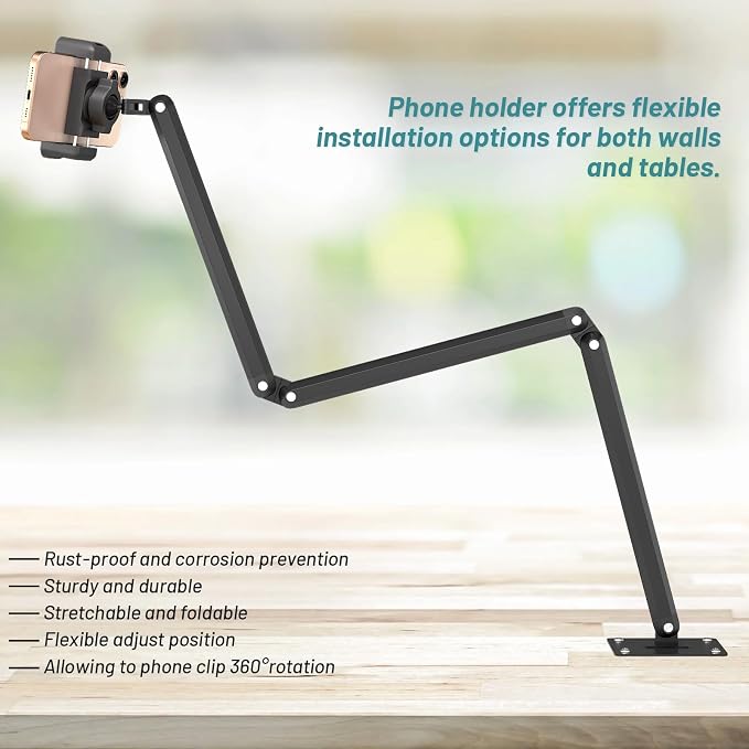 Wall Mount Phone Holder,Phone Holder for Desk Bed,3-Stage Aluminium iPhone Stand,Foldable Extendable Arms Heavy Duty Drilling Base,Compatible with 3.5~7.5" iPhone/HTC/LG/Huawei/Galaxy/Smartphones