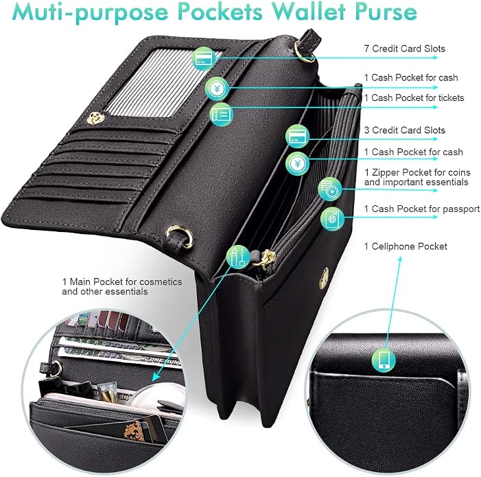 nuoku Women Small Crossbody Bag Cellphone Purse Wallet with RFID Card Slots 2 Straps Wristlet