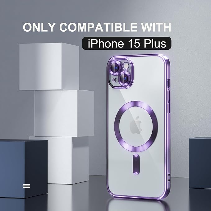 Misea Magnetic for iPhone 15 Plus Case Compatible with MagSafe [Never Yellowing] [Military Grade Drop Protection] Full Camera Lens Protector Plating Soft Clear Phone Case for Women, Purple