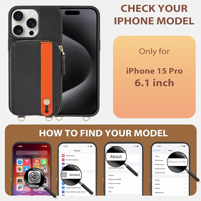 LAMEEKU for iPhone 15 Pro Wallet Case with Card Holder, Zipper Leather Crossbody Case with Kickstand Wrist Strap Lanyard for Women, Protective Cover with Phone Grip Holder Stand 5G 6.1 inch Black
