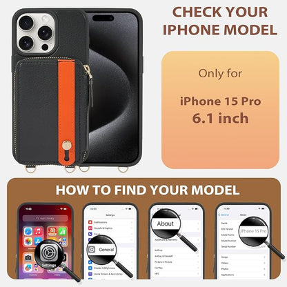 LAMEEKU for iPhone 15 Pro Wallet Case with Card Holder, Zipper Leather Crossbody Case with Kickstand Wrist Strap Lanyard for Women, Protective Cover with Phone Grip Holder Stand 5G 6.1 inch Black
