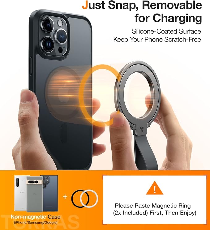TORRAS 2025 Upgrade (Gen 6.0) Magnetic Phone Grip Holder Kickstand with Braided Strap, Fit for MagSafe Ring Removable, for iPhone 17 16,15, 14, 13 12 Pro/Max Samsung Galaxy, Google, Bronze Black