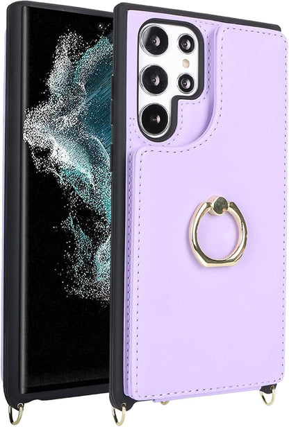 Lipvina for Samsung Galaxy S22 Ultra Case with Card Holder and Strap for Women,Crossbody Lanyard,RFID Blocking,Ring Stand,Snap Clasp,Phone Wallet Cases 6.8 inch(Purple)