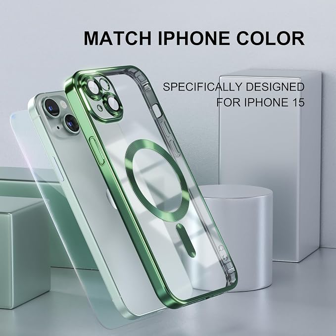 Misea Magnetic for iPhone 15 Case Compatible with MagSafe [Never Yellowing] [Military Grade Drop Protection] Full Camera Lens Protector Plating Soft Clear Phone Case for Women, Green