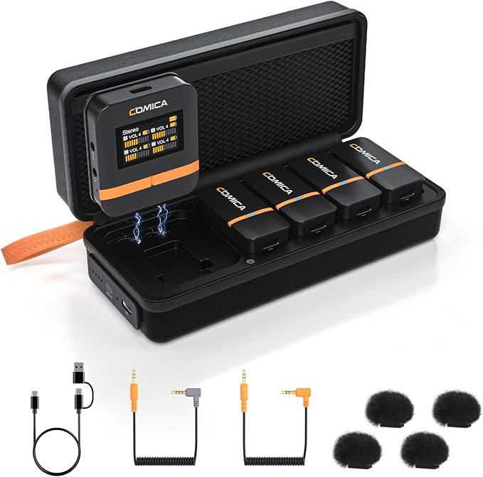 COMICA Vimo Q 4-Channel Wireless Lavalier Microphone with 4 Audio Tracks Output, Noise Reduction, 656ft Range, Lapel Microphone Wireless for iPhone, Camera, Android, Podcast/Livestream/Video Recording