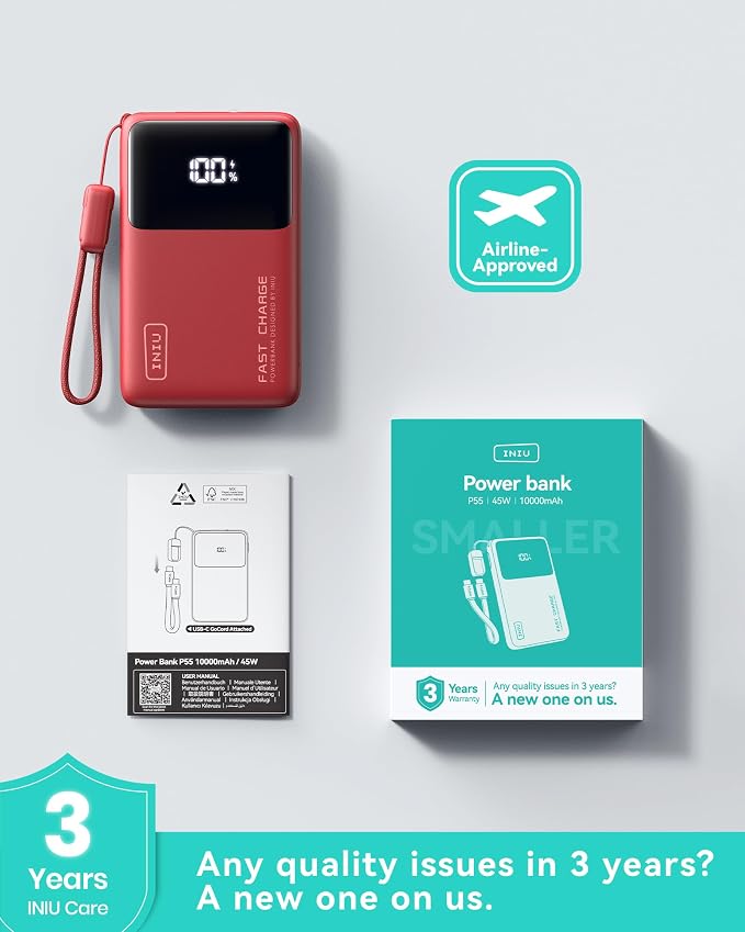 INIU Ultra Compact Power Bank, 10000mAh 45W Fast Charging Portable Charger with Detachable USB-C Cable & Stand, Flight-Safe Travel Battery Pack for iPhone, Samsung, Xiaomi, iPad, for Girls, Red