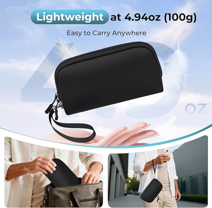 FYY Travel Cable Organizer - 8 Compartments, Lightweight, Water Repellent | With Wrist Strap, Portable Tech Pouch for Cord Charger, Travel and Business Trips Use, Soft Shell Nylon, Black (Large)