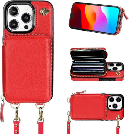 Bocasal Crossbody Wallet Case for iPhone 15 Pro, RFID Blocking Leather Purse Case with Card Holder, Protective Handbag Flip Cover with Zipper Wrist Strap Lanyard for Women 5G 6.1 Inch (Red)