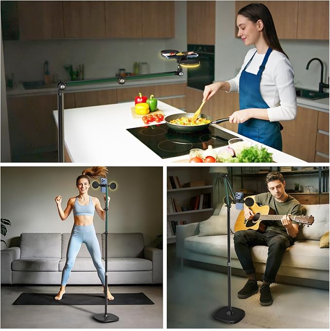 Overhead Phone Mount with Light, Cell Phone Stand for Video Recording, 360 Degrees Swivel Tilt Adjustable Floor Camera Filming Tripod. Content Creator Phone Holder, for iPhone/Android (L11)