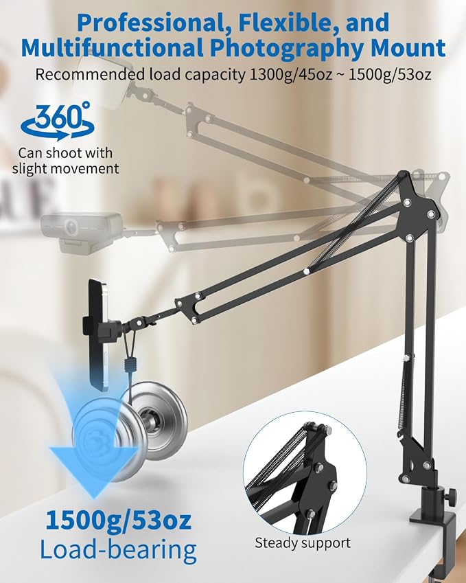 Overhead Camera Phone Mount, Desk Phone Stand for Recording, Phone Holder for Bed with Phone/Tablet/Mic Clamps, 1/4" Thread Magic Arm for DSLR, Webcam, iPad, TikTok, YouTube, Streaming, Cooking, Video