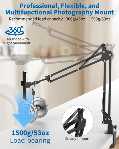 Overhead Camera Phone Mount, Desk Phone Stand for Recording, Phone Holder for Bed with Phone/Tablet/Mic Clamps, 1/4" Thread Magic Arm for DSLR, Webcam, iPad, TikTok, YouTube, Streaming, Cooking, Video