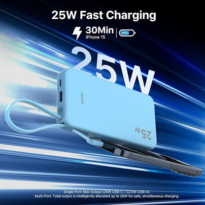 JUOVI 25W Portable Charger 10000mah Power Bank Built-in USB-C Cable | Battery Pack with LED Display, Portable Phone Charger for iPhone 17 16 15 14 Samsung S24 S23 iPad Tablets