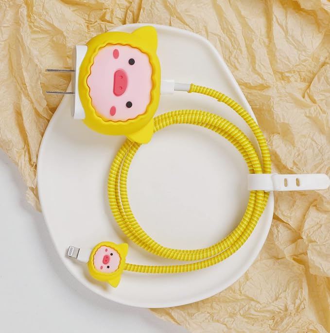 3D Cute Cartoon Charger Protector Case - Compatible for Apple 20W USB-C Power Adapter and Lightning Cable (Yellow Pig)