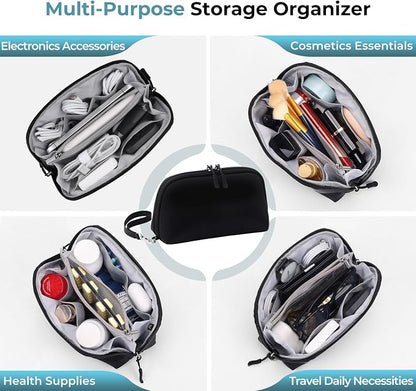 FYY Travel Cable Organizer - 8 Compartments, Lightweight, Water Repellent | With Wrist Strap, Portable Tech Pouch for Cord Charger, Travel and Business Trips Use, Soft Shell Nylon, Black (Small)