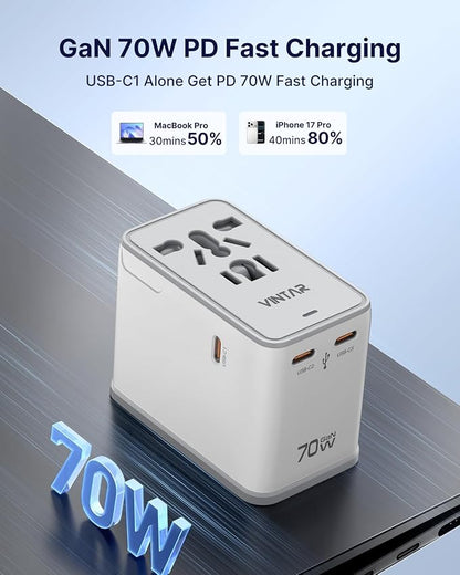 VINTAR 70W GaN Universal Travel Adapter, 5 in 1 with 3 USB-C PD& 1 USB-A QC | International Power Adapter with 70W GaN Fast Charging, All-in-one for EU UK USA AUS, Worldwide Travel Essentials, White