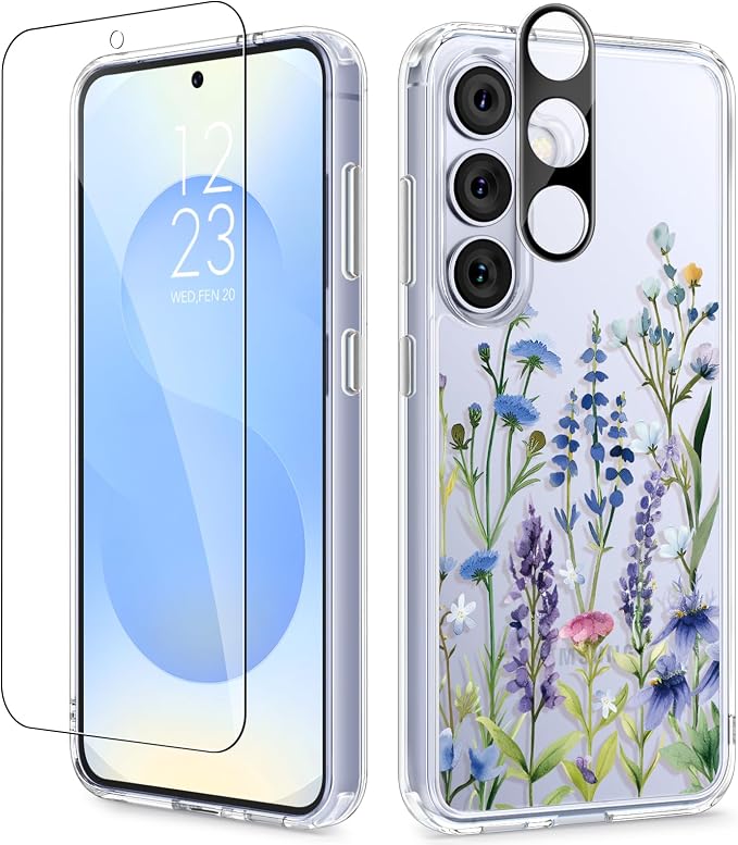GVIEWIN for Samsung Galaxy S25 Plus Case, Clear Floral Slim Shockproof Protective Women Phone Case, Non-Yellowing, with Screen Protector & Camera Lens Protector for S25 Plus 6.7", Sweet Posy/Blue
