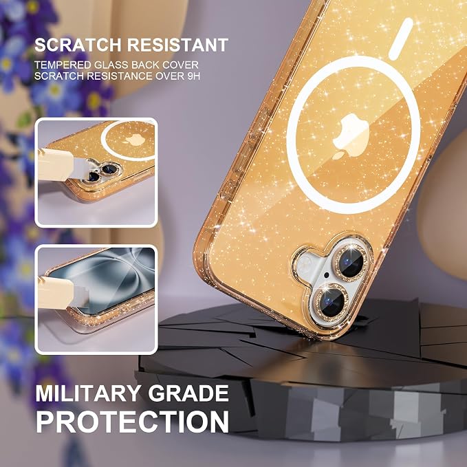 Choiche for iPhone 16 Case Magnetic, Women Clear Glitter Bling Sparkly Case, [2xDiamond Camera Lens Protectors] [2xTempered Glass Screen Protectors] [Compatible MagSafe] 6.1" (Glitter Gold)