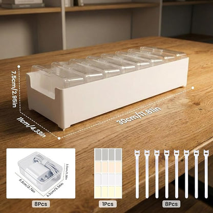 8 Individual Cable Organizer Boxes With Base, Cord Storage Organizer With Labels And Cable Straps For Charging Cables, Adapters, Earphones (8 pcs Individual Cable, 1 Pack)