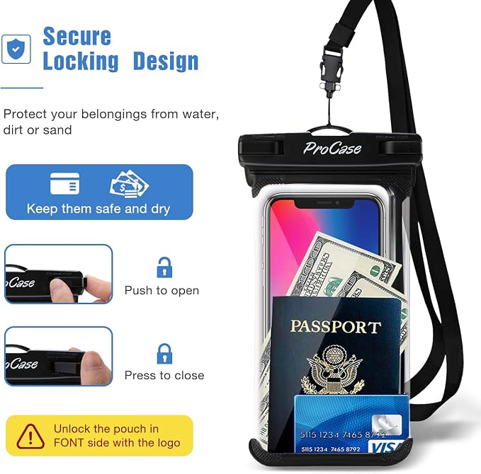 ProCase 2 Pack Waterproof Phone Pouch, Underwater Phone Case Up to 7", Dry Bag for iPhone 17 Air 16 15 14 13 Pro Plus Max, Galaxy S24 S23 S22 Ultra Pixel, Beach Essentials -Black