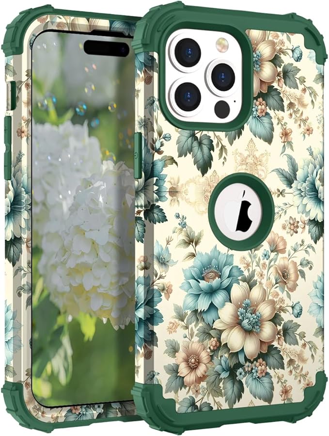 Hocase for iPhone 15 Pro Case, Heavy Duty Shockproof Protection Soft Silicone Rubber Bumper+Hard Plastic Hybrid Protective Case for iPhone 15 Pro 6.1" 2023 - Teal Blue Flowers