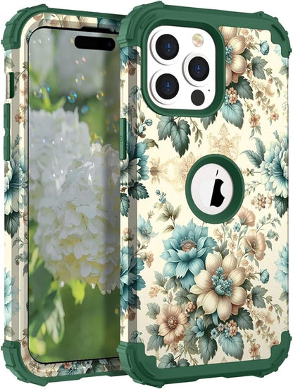 Hocase for iPhone 15 Pro Case, Heavy Duty Shockproof Protection Soft Silicone Rubber Bumper+Hard Plastic Hybrid Protective Case for iPhone 15 Pro 6.1" 2023 - Teal Blue Flowers