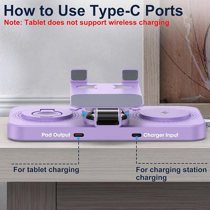 30W Charging Station for Apple Products, Foldable Wireless Charger with Clock Display&7 Color Light, Wired Charging for iPad/Tablet Charging Station for iPhone17, for Apple Watch11 for AirPods4(Purple