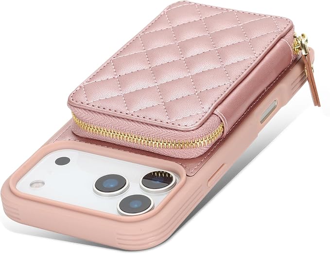 Crossbody Wallet Case for iPhone 17 Pro Max, PU Leather Zipper Handbag Purse Flip Cover, Kickstand Folio Case with Card Slots Holder Wrist Strap Lanyard 5G 6.9 Inch-Rose Gold