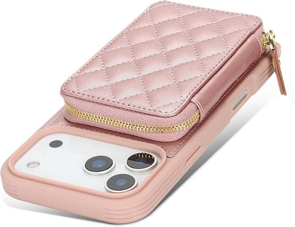Crossbody Wallet Case for iPhone 17 Pro Max, PU Leather Zipper Handbag Purse Flip Cover, Kickstand Folio Case with Card Slots Holder Wrist Strap Lanyard 5G 6.9 Inch-Rose Gold