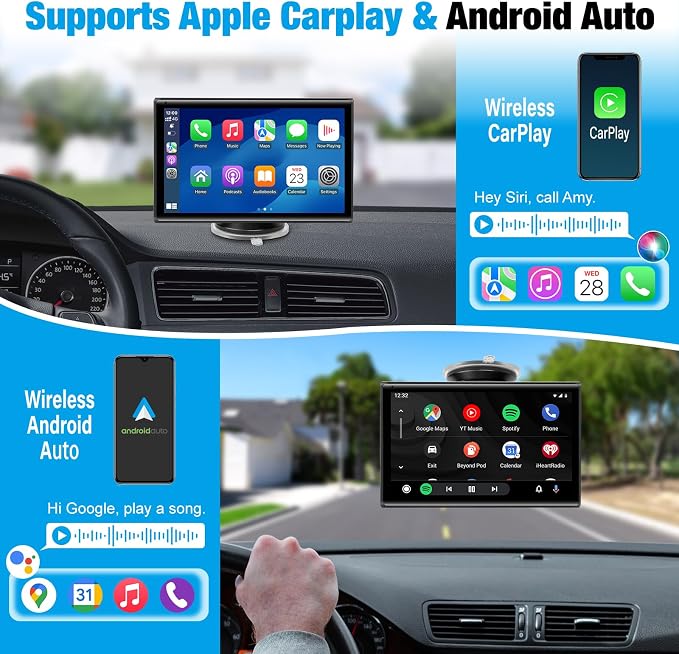 7 inch Carplay Screen for Car - Supports Wireless Apple Carplay & Android Auto, Portable Touchscreen with Bluetooth, Navigation, Voice Control, Mirror Link,Universal for All Cars (Black)