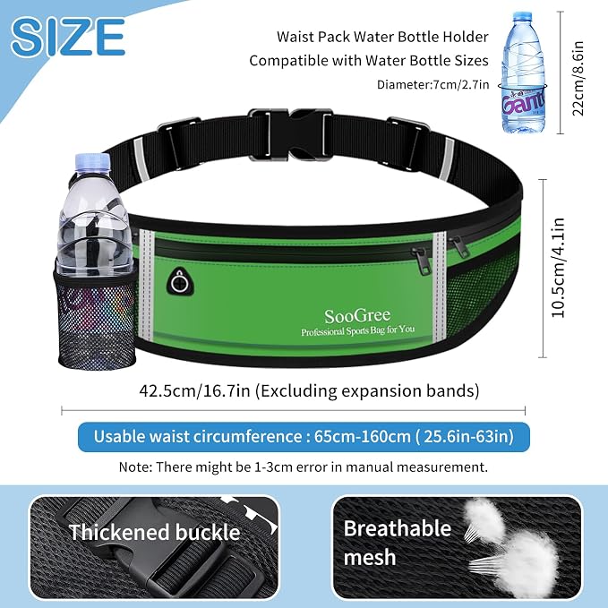 SooGree Men Women Running Belt Fanny Pack,Reflective Workout Sport Waist Pack Bag,Running Phone Holder Belt with Water Bottle Holder, Ideal for Running,Walking,Cycling,Gym Workouts (GSP8803-Green)