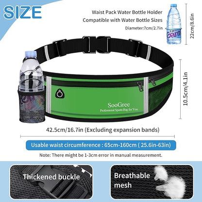 SooGree Men Women Running Belt Fanny Pack,Reflective Workout Sport Waist Pack Bag,Running Phone Holder Belt with Water Bottle Holder, Ideal for Running,Walking,Cycling,Gym Workouts (GSP8803-Green)