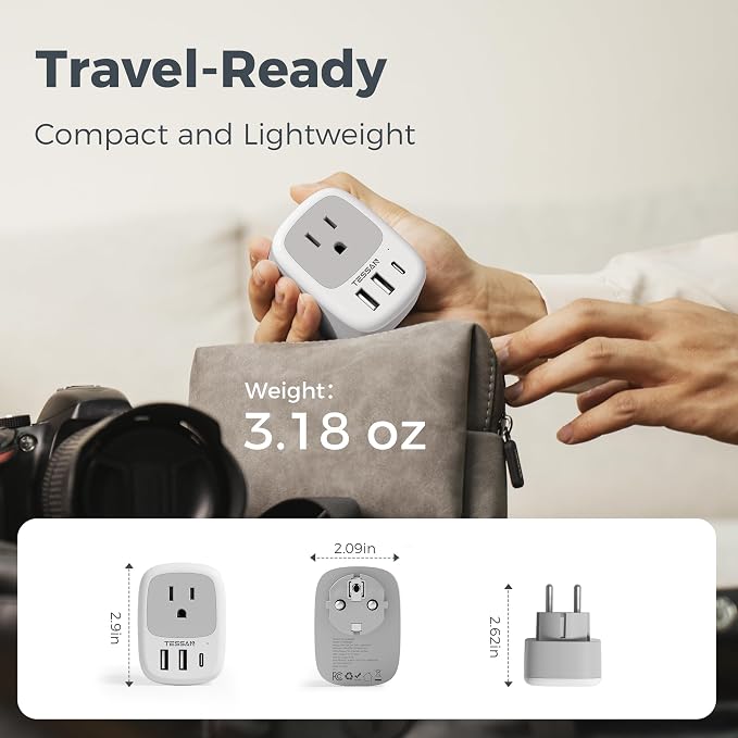 TESSAN 3 Pack Type E F Plug Adapter | Spain Adapter Plug, 3 USB Ports (1 USB C), South Korea Outlet Adapter