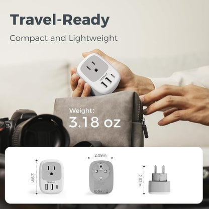 TESSAN 3 Pack Type E F Plug Adapter | Spain Adapter Plug, 3 USB Ports (1 USB C), South Korea Outlet Adapter